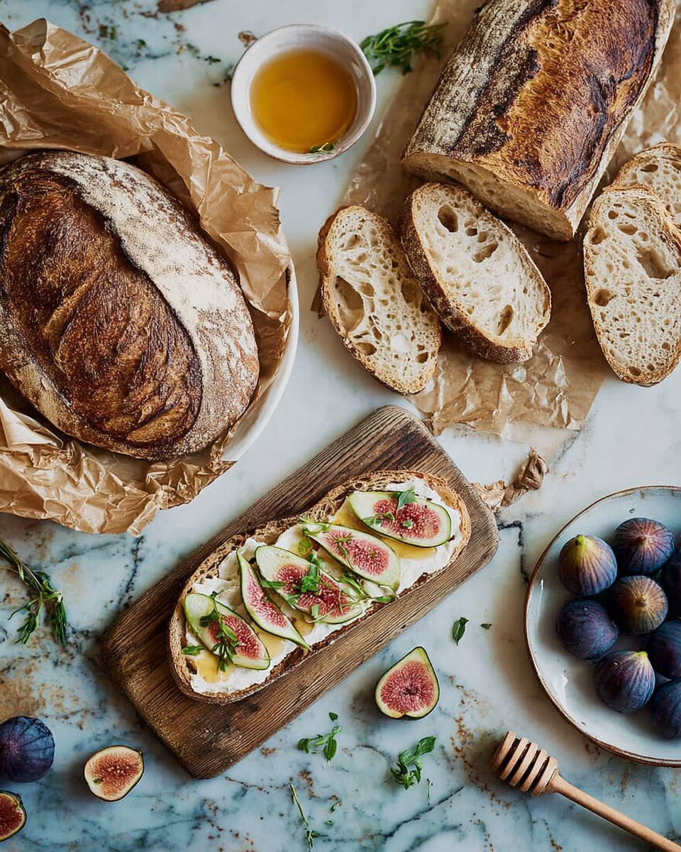 The image shows a rustic arrangement of crusty bread and a slice topped with fresh fig slices and green herbs. There are two whole loaves of bread with a deep brown crust, one wrapped partially in crinkled parchment paper and the other placed on a wooden board. On the board, a slice of bread with many holes is topped with two layers: a base layer of creamy cheese followed by several thin slices of pinkish figs with seeds visible, garnished with small green herbs. Two other plain slices of bread with airy texture are also on the board beside the topped slice. Near the bread, a white bowl with golden honey and a wooden honey dipper lies next to a white plate of whole dark purple figs. The whole setup is laid on a white marbled surface with scattered green herb leaves around. photo taken with an iphone --ar 4:5 --v 7