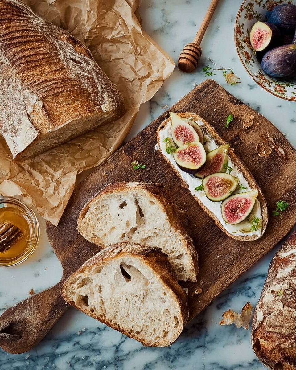The image shows a rustic wooden board on a white marbled surface with a sliced baguette on the right, its golden-brown crust textured and crusty. On the board, there is an open sandwich made with one slice of bread topped with a layer of soft cream cheese, arranged slices of figs with pinkish flesh and dark outer skin, and small green herb leaves scattered on top. Below the sandwich, there are two plain slices of bread showing an airy, hole-filled crumb. To the left, a whole baguette with a crispy crust rests on crumpled brown parchment paper. Nearby, a small white bowl holds honey with a wooden honey dipper resting on its edge. At the top right, partially visible, is a white bowl with a brown floral pattern containing whole figs. Photo taken with an iphone --ar 4:5 --v 7