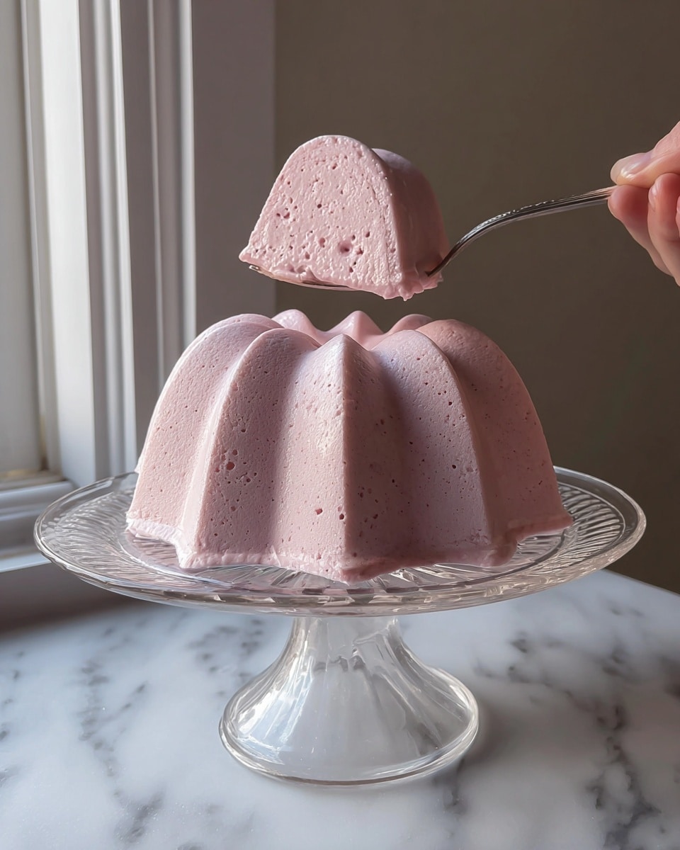 A light pink, soft mousse dessert shaped like a bundt cake sits on a clear glass cake stand with a short pedestal. The mousse has smooth, airy texture with small bubbles visible throughout. The edges are gently ridged, forming a symmetrical pattern around the top. A woman's hand holds a metal fork lifting one slice from the mousse, showing the inside which matches the outside's uniform pale pink color and creamy texture. The setup is placed against a plain wall and a window frame with light coming in softly. The surface beneath the cake stand has a white marbled texture. photo taken with an iphone --ar 4:5 --v 7