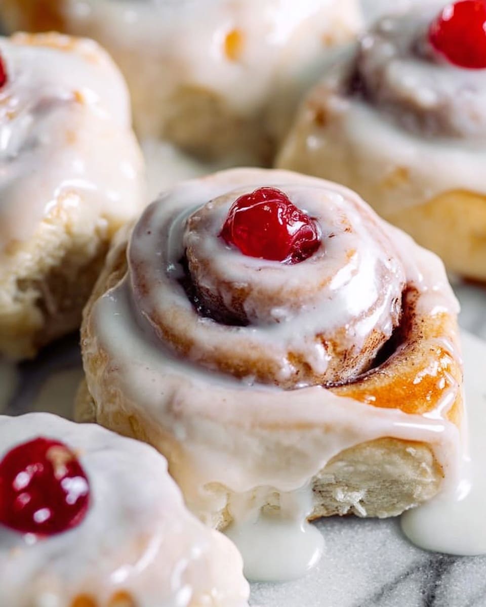 The image shows several cinnamon rolls covered with thick white icing that looks smooth and glossy. Each roll has a spiral shape with visible layers of dough and cinnamon inside, and there is a red cherry on top of each roll. The cinnamon rolls are placed close together on a surface with a white marbled texture, and the icing is dripping down the sides, pooling on the surface around them. The close-up view highlights the soft and moist texture of the rolls and the shiny, creamy icing. photo taken with an iphone --ar 4:5 --v 7