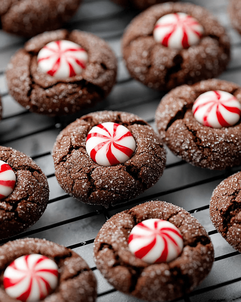 The image shows a close-up of several round chocolate cookies arranged in rows on a black metal wire rack over a white marbled surface. Each cookie has a rough, cracked dark brown texture with a dusting of sugar on top, giving them a slightly sparkling look. In the center of each cookie is a single, smooth round peppermint candy with a white base and red stripes swirling across it. The peppermint candies slightly sink into the cookies, creating a contrast between the soft brownie-like cookie and the firm glossy candy. photo taken with an iphone --ar 4:5 --v 7
