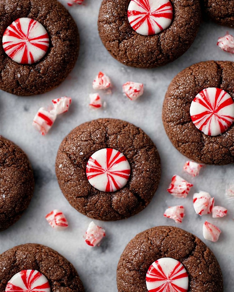 The image shows several round chocolate cookies arranged closely on a white marbled surface. Each cookie is dark brown with a textured, cracked top surface and slightly rough edges. In the center of each cookie, there is a single white and red peppermint candy piece pressed in, with red stripes running vertically around the candy. A few extra peppermint candies are scattered around the cookies. The overall look is festive with a contrast between the dark cookies and bright peppermint candies. photo taken with an iphone --ar 4:5 --v 7