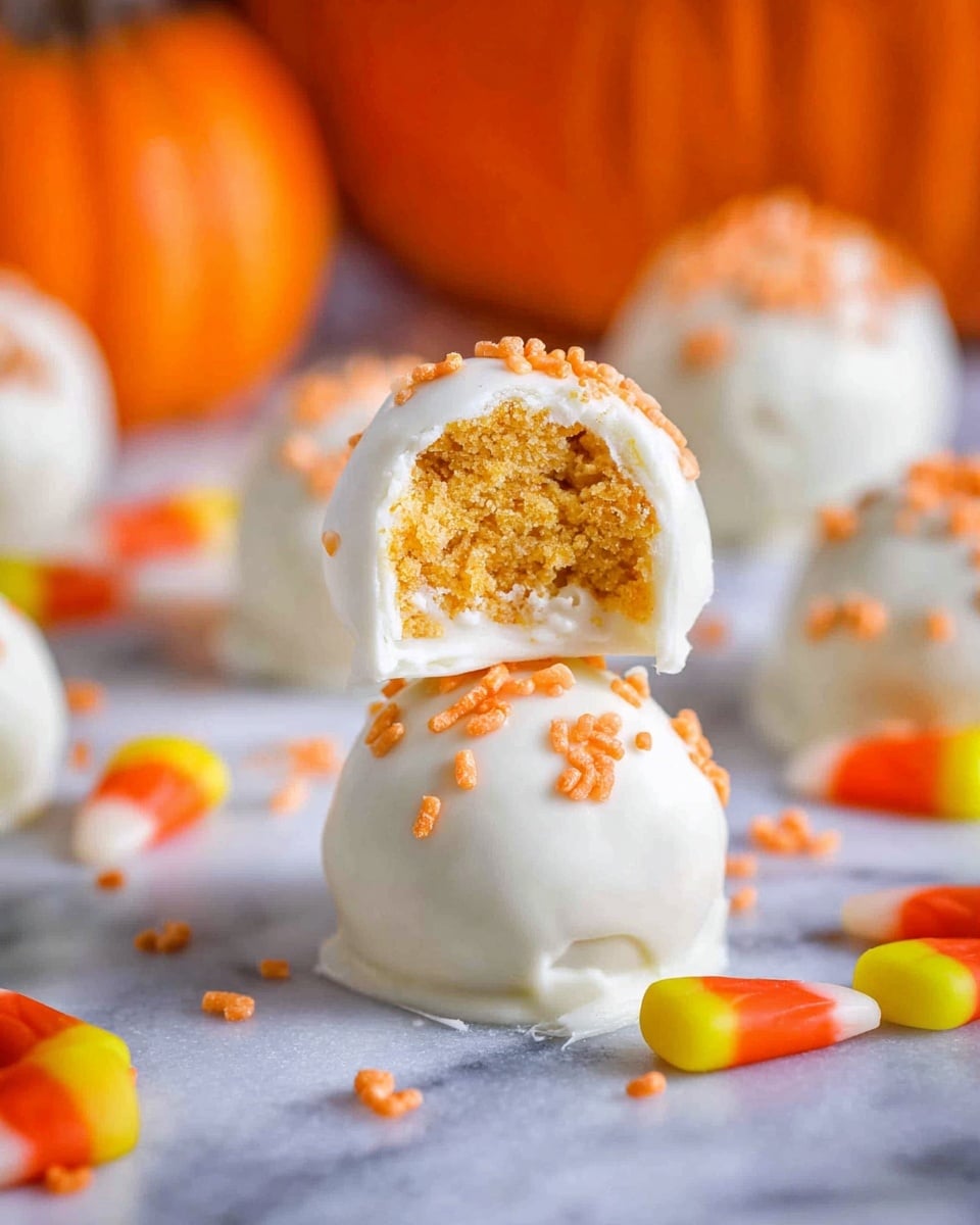 The image shows round candy balls coated with a smooth white layer on a white marbled surface, each about two layers thick; the outer white coating is glossy and slightly uneven, topped with small orange sprinkle pieces. One candy ball is cut in half and placed on top of another, revealing an inner layer of crumbly, textured orange filling. Scattered around the candies are some candy corn pieces with yellow, orange, and white colors, adding contrast to the scene. In the background, a blurred orange pumpkin adds to the autumn theme. photo taken with an iphone --ar 4:5 --v 7