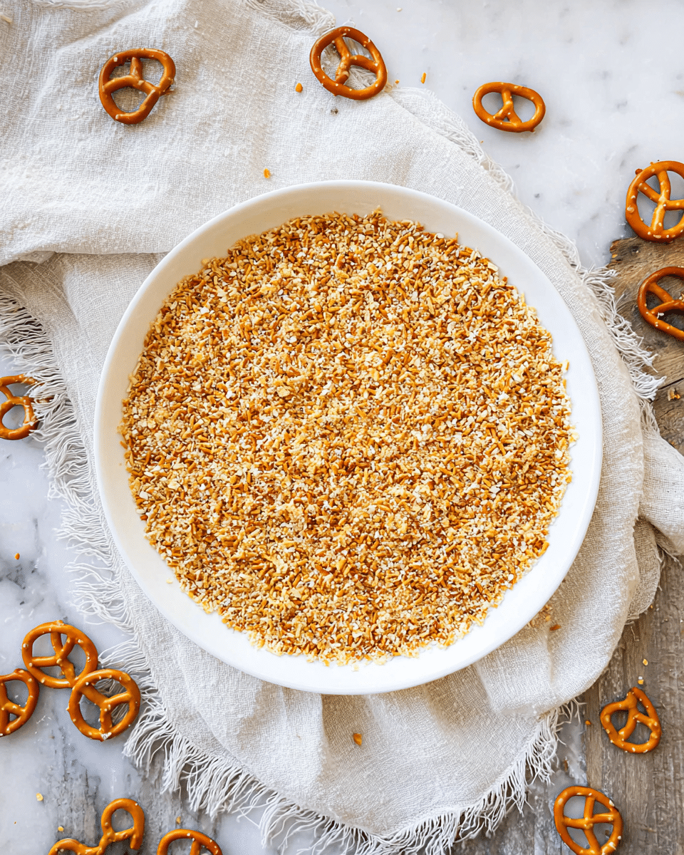 A single flat layer of finely crushed pretzels in varied small pieces, mostly golden brown with some pale beige bits, spread evenly across a large white round plate. The plate rests on a soft, loosely folded white cloth with fringed edges, placed on a white marbled textured surface. Around the plate, whole small pretzels are scattered randomly, adding more golden brown color and detail to the scene. Photo taken with an iphone --ar 4:5 --v 7