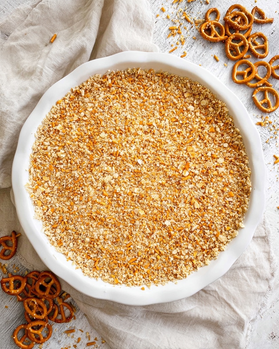 A round pie crust with one layer, made of finely crushed pretzels mixed with crumbs, giving it a rough texture and a mix of light brown and orange colors, evenly spread in a white pie dish. The edges of the crust are slightly uneven with visible small pieces of pretzel. The dish sits on a light cream-colored linen cloth with a white marbled texture surface underneath, and a few whole pretzels are scattered around the dish. photo taken with an iphone --ar 4:5 --v 7