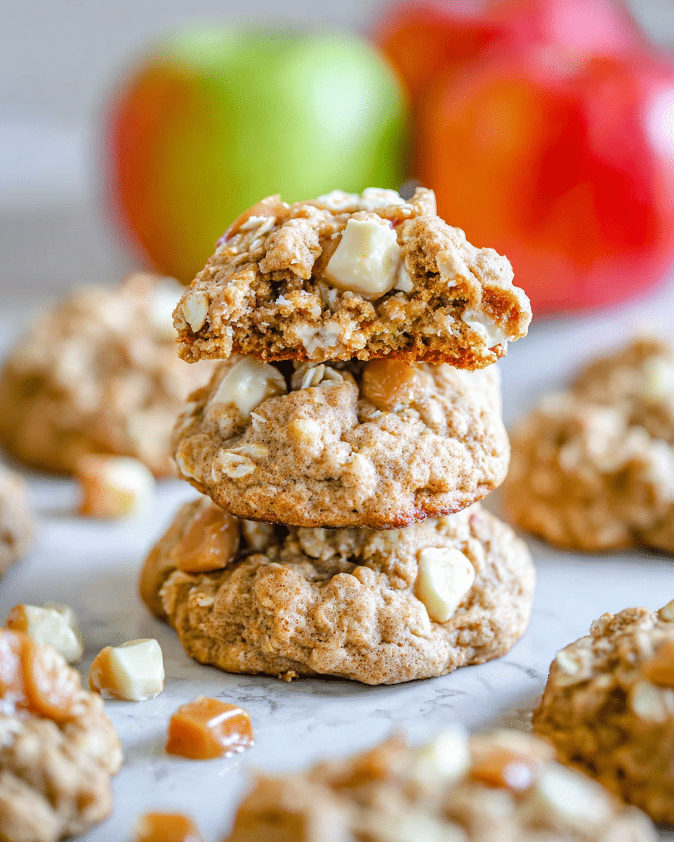 A stack of three oatmeal cookies sits in the center, with the top cookie broken in half to show a soft, chewy inside filled with white chocolate chunks and caramel bits. The cookies have a rough, textured surface with a light brown color and visible oat flakes. Several more cookies lie scattered around on a white marbled surface, some with caramel pieces nearby. In the background, out-of-focus red and green apples add a splash of color. The overall look is warm and inviting, with a close-up view focusing on the details of the cookie texture. photo taken with an iphone --ar 4:5 --v 7