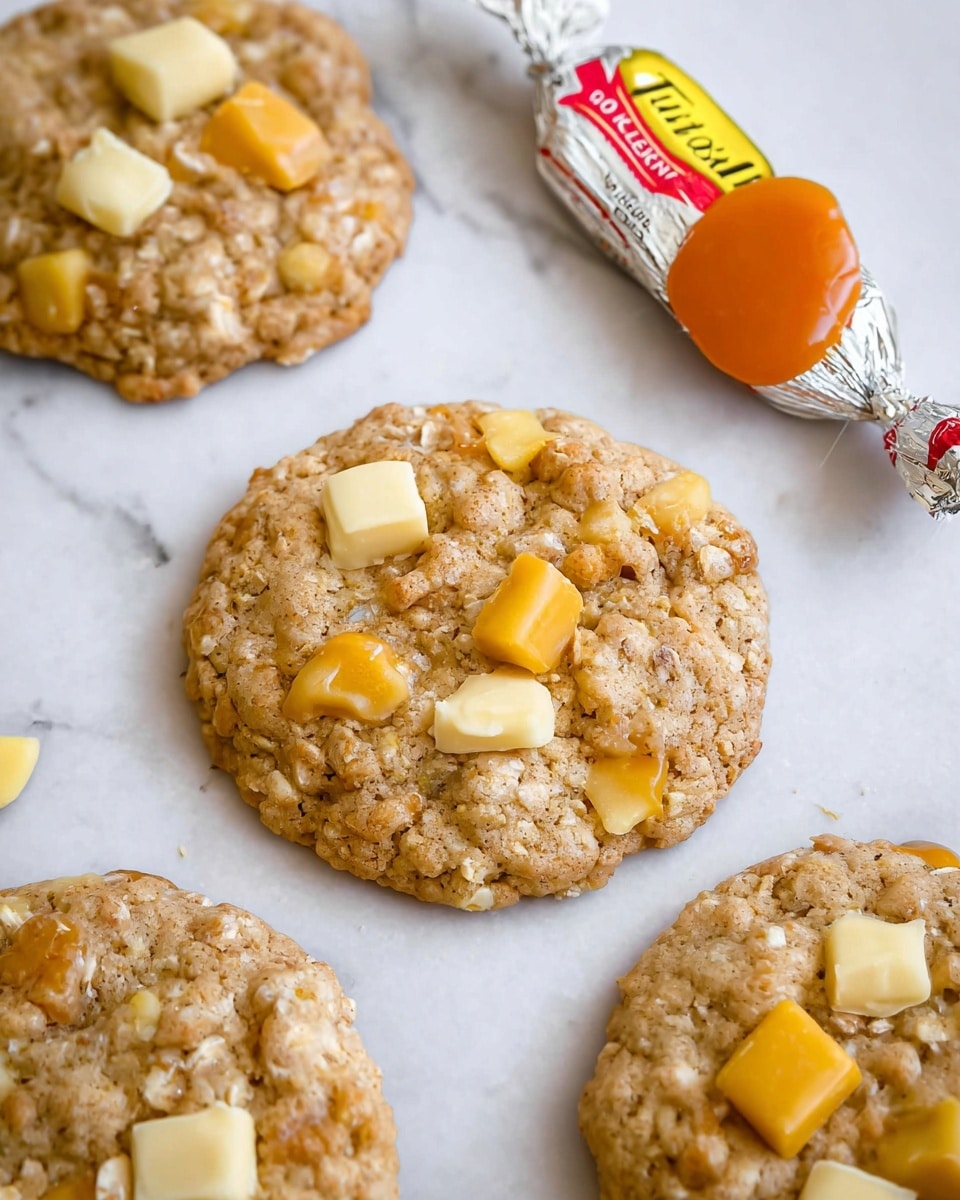 The image shows several cookies with a rough, bumpy texture and light brown color, each topped with small square chunks of light yellow candy or butter scattered on the surface. The cookies have a slightly shiny, sticky look, with some visible small oats mixed in. In the background, there is a white wrapped candy with yellow and red packaging and a small, smooth, bright orange caramel piece near the center at the top. The cookies and items lie on a white marbled surface. photo taken with an iphone --ar 4:5 --v 7