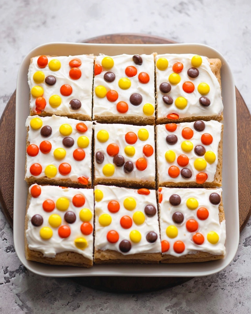 A tray holds nine square pieces of dessert arranged in a 3x3 grid, each square with a light brown base that looks soft and moist. On top of the base is a thick layer of smooth white frosting spread evenly across all pieces. Bright candy-coated chocolate dots in orange, yellow, and brown colors are scattered on the frosting, creating a playful, colorful pattern. The white tray contrasts with the vibrant candies and the light brown dessert, all set on a white marbled texture. photo taken with an iphone --ar 4:5 --v 7