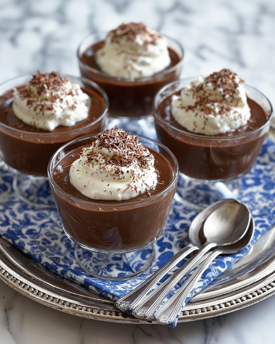 Four clear glass dessert cups filled with three layers are arranged on a round silver tray with a blue and white patterned cloth underneath. The bottom and middle layers are smooth, rich dark brown chocolate pudding. The top layer is a dollop of white whipped cream sprinkled with fine shavings of milk chocolate. The shiny texture of the chocolate pudding contrasts with the creamy whipped cream. Two silver spoons rest on the edge of the tray. The whole setup sits on a white marbled textured surface. Photo taken with an iphone --ar 4:5 --v 7