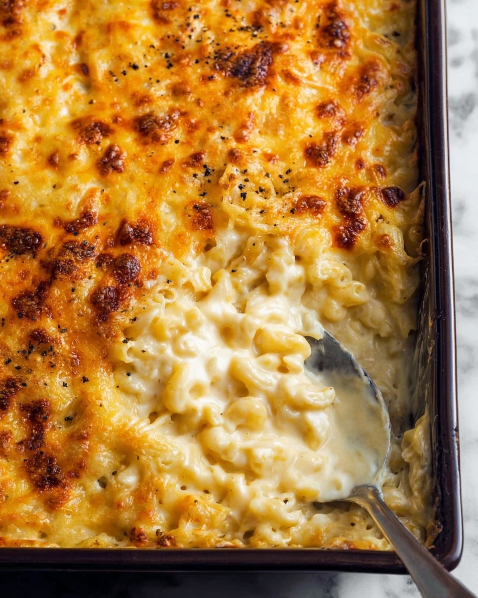 A close-up view of a baked macaroni and cheese dish in a dark baking tray, showing a thick golden-brown cheese crust on top with melted, slightly crispy spots and sprinkled black pepper. Underneath, there is a creamy, smooth white cheese sauce mixed with small elbow macaroni pasta. A spoon scoops into the creamy layer, revealing the soft, rich texture of the cheesy pasta beneath the browned surface. The scene is set on a white marbled texture. photo taken with an iphone --ar 4:5 --v 7