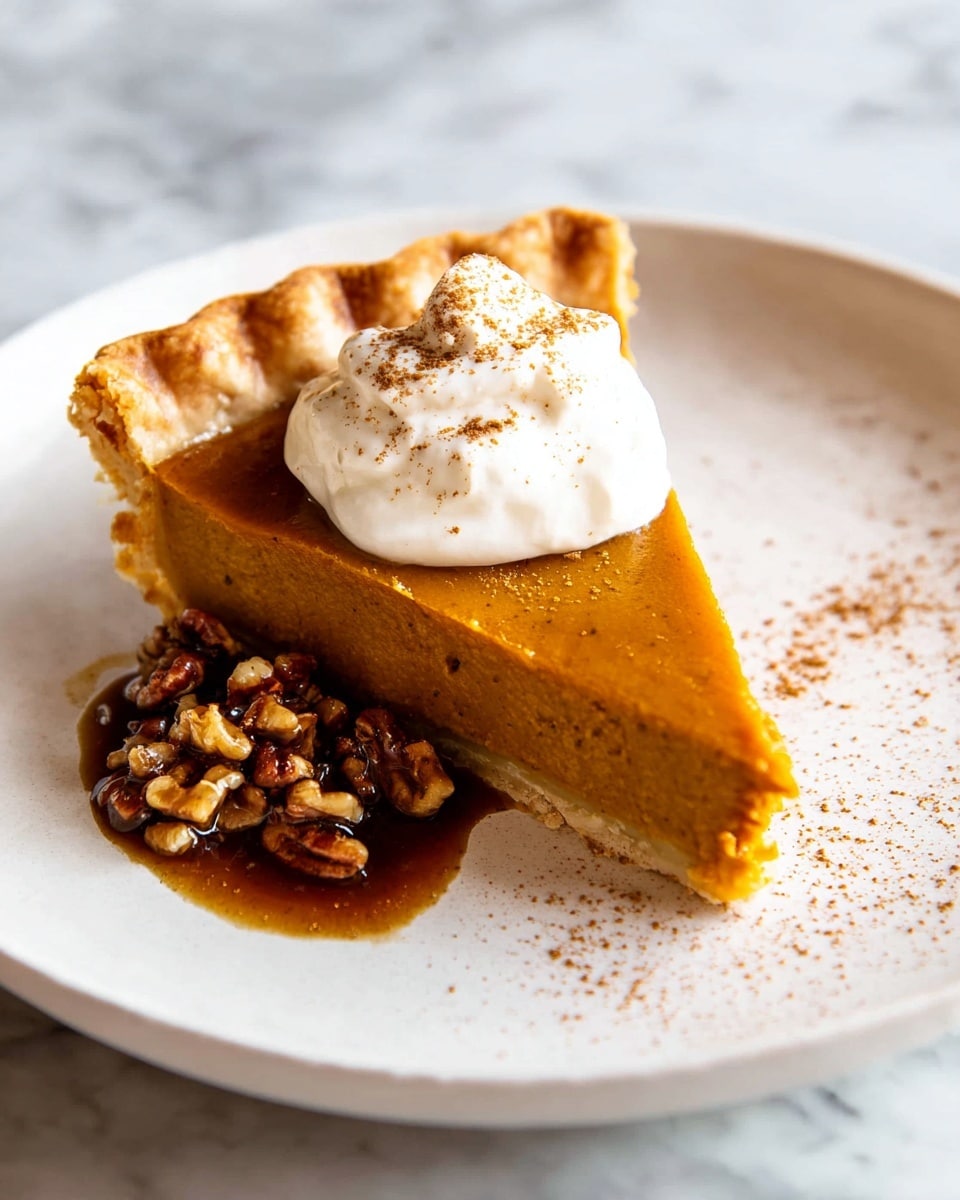 A single slice of pumpkin pie sits on a white plate with a thick, golden-brown crust forming the base and edges, holding a smooth, deep orange filling. On top, there is a dollop of white whipped cream sprinkled with light brown spice. Next to the whipped cream, glossy brown pecan topping with visible nut pieces drips slightly down the side of the pie onto the plate. Some brown spice is lightly scattered on the plate beside the pie slice. The plate rests on a white marbled surface. photo taken with an iphone --ar 4:5 --v 7