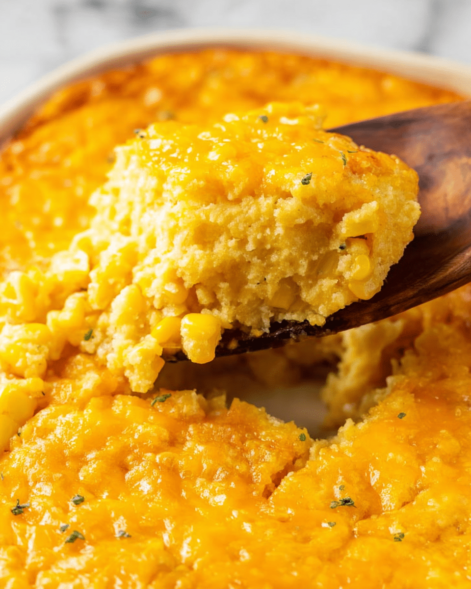 A close-up of a creamy yellow corn casserole with a melted bright orange cheese layer on top, showing a wooden spoon lifting a scoop of the thick, chunky corn mixture from a white dish. The casserole has a smooth, shiny texture from the cheese layer, while the inside looks soft with visible corn kernels and a slightly browned crust where it was cut. The background has a white marbled texture. photo taken with an iphone --ar 4:5 --v 7
