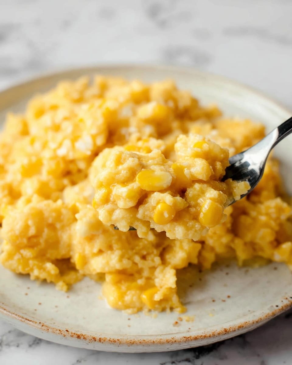 The image shows a close-up of a creamy yellow corn dish served on a white plate with a slightly textured edge. The dish has a soft, crumbly texture with small corn kernels evenly mixed throughout. There is a silver fork with a black handle lifting a portion of the corn, showing the moist, rich consistency of the food. The background is a white marbled texture that contrasts gently with the warm yellow tones of the corn. Photo taken with an iphone --ar 4:5 --v 7