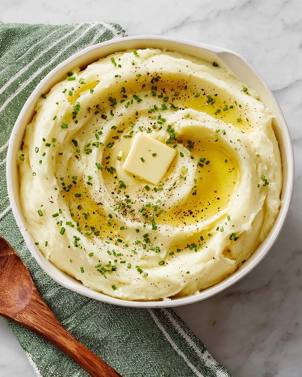 The image shows a white bowl filled with creamy mashed potatoes that have a smooth texture. The potatoes are spread in a circular swirl pattern with a small pool of melted butter sitting in the center, topped with a square piece of butter melting into the mash. Small green chive pieces are sprinkled evenly over the surface along with a light scattering of black pepper. The bowl is placed on a white marbled surface and a green cloth with white stripes lies underneath a wooden spoon next to the bowl. photo taken with an iphone --ar 4:5 --v 7