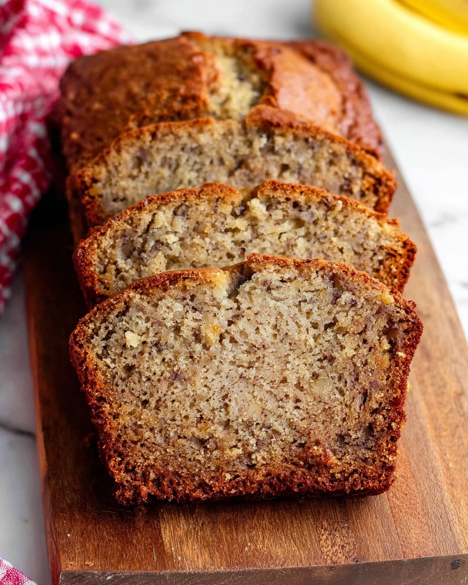 A close-up of four slices of banana bread arranged side by side on a wooden cutting board. Each slice shows a golden brown crust on the edges with a soft, moist interior that is light brown with dark brown specks, indicating mashed bananas and texture within. The bread slices have a slightly rough and crumbly look to the crust and a denser, porous texture in the middle. The background features a white marbled surface with a red checkered cloth partially visible on the left and a yellow banana blurred in the background. Photo taken with an iphone --ar 4:5 --v 7