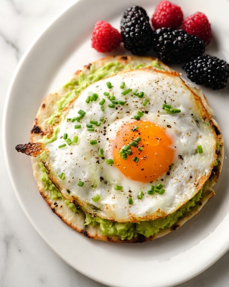The dish shows a white plate on a white marbled surface, holding a flatbread base with a green spread of mashed avocado covering most of the flatbread. On top, there is a fried egg with white edges and a bright orange yolk partially runny, garnished with small green chopped chives and black pepper specks. Around the flatbread on the plate, there are several blackberries and two red raspberries placed close together near the edge. Photo taken with an iphone --ar 4:5 --v 7