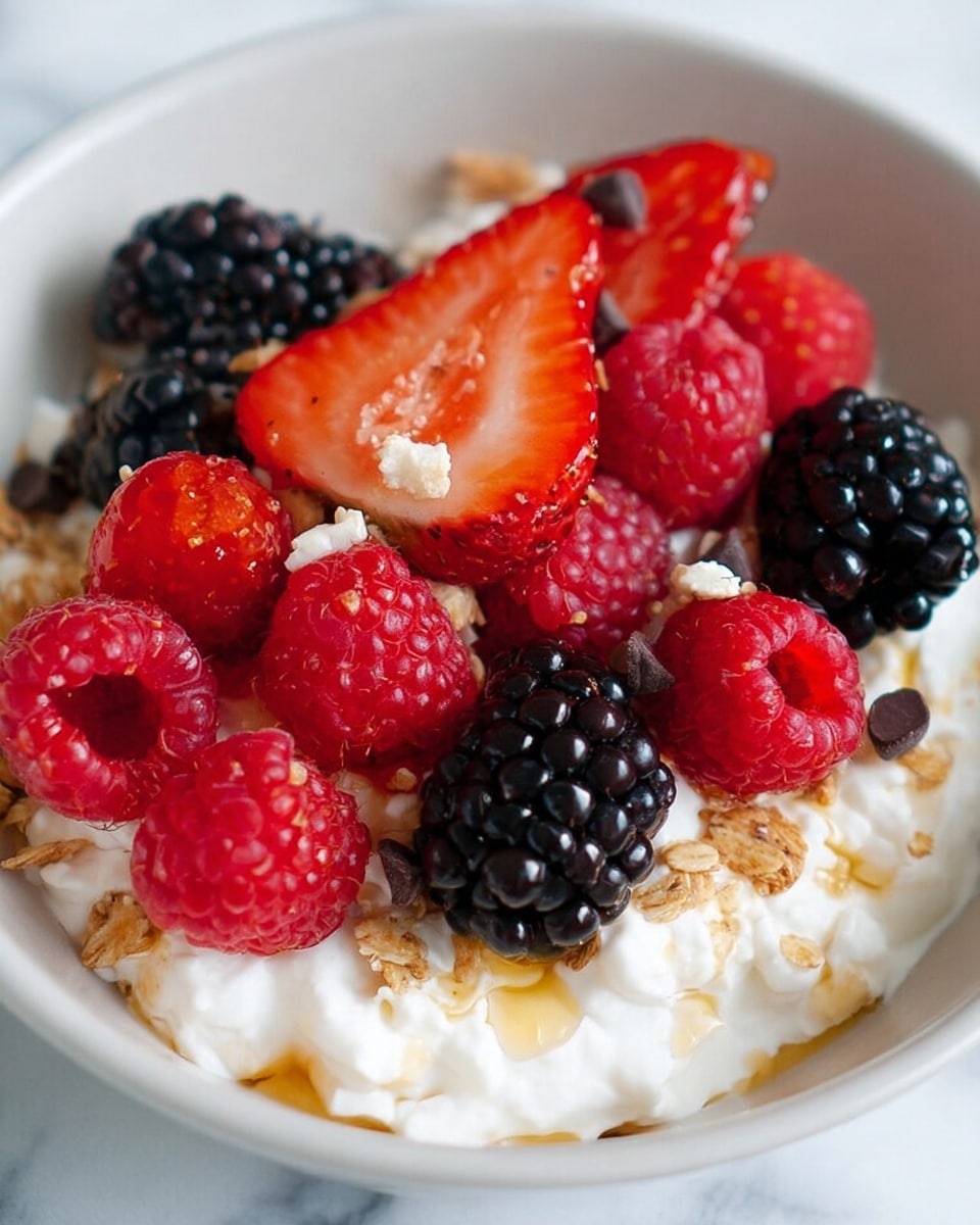A close-up view of a white bowl filled with a layer of white cottage cheese at the bottom, topped with fresh red raspberries, black blackberries, and sliced bright red strawberries arranged in a loose cluster. Scattered over the berries and cottage cheese are small pieces of light brown granola and some tiny dark chocolate chips, with a light drizzle of golden honey adding a slight shine. The bowl sits on a white marbled surface. photo taken with an iphone --ar 4:5 --v 7