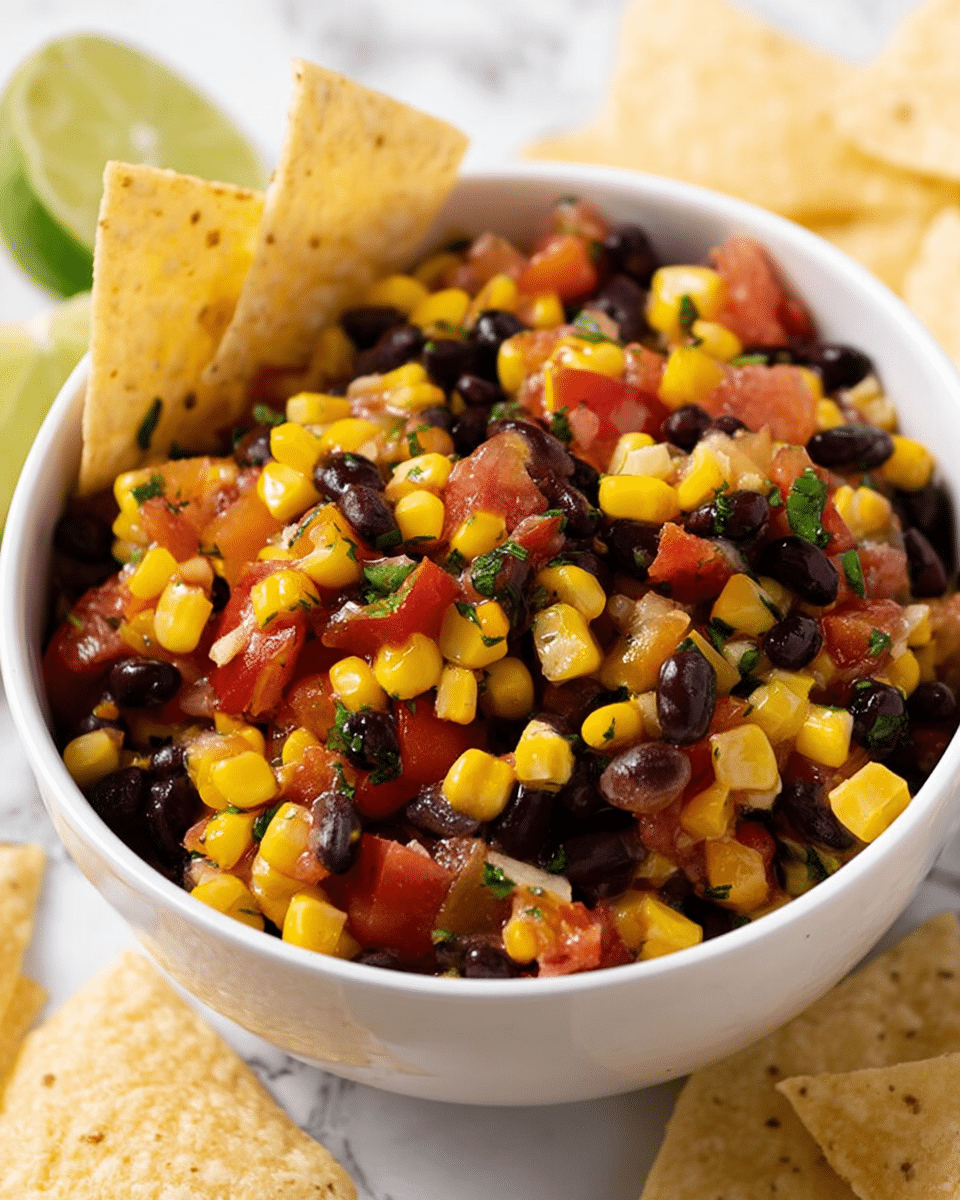 A white bowl filled with a colorful mix of diced yellow corn, black beans, bright red tomato chunks, and small pieces of yellow bell pepper, all lightly sprinkled with green herbs for garnish. The texture looks fresh and slightly moist, with the beans smooth and shiny, and the vegetables crisp and vibrant. Two white tortilla chips are placed standing upright inside the bowl near the edge, with more chips scattered around the bowl on a white marbled surface. A slice of lime is partially visible in the background, adding a touch of green to the scene. Photo taken with an iphone --ar 4:5 --v 7