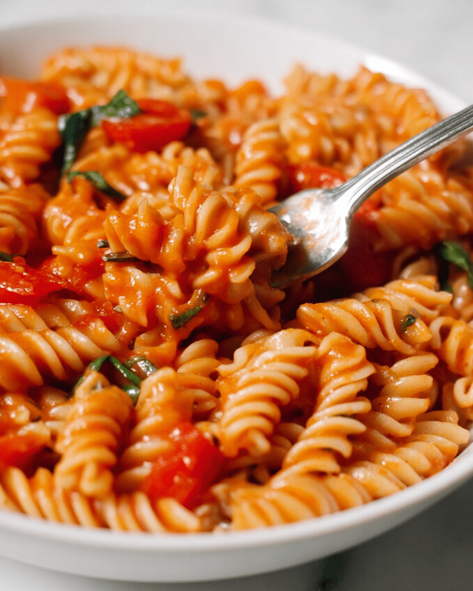 A close-up image of spiral pasta coated in thick orange-red tomato sauce, mixed with small pieces of red tomatoes and green basil leaves. The short spirals are well covered in the sauce, giving a glossy look with a soft texture. A silver fork is picking up some pasta from a white bowl that sits on a white marbled surface. The green basil adds a fresh color contrast to the warm tones of the pasta and sauce. Photo taken with an iphone --ar 4:5 --v 7