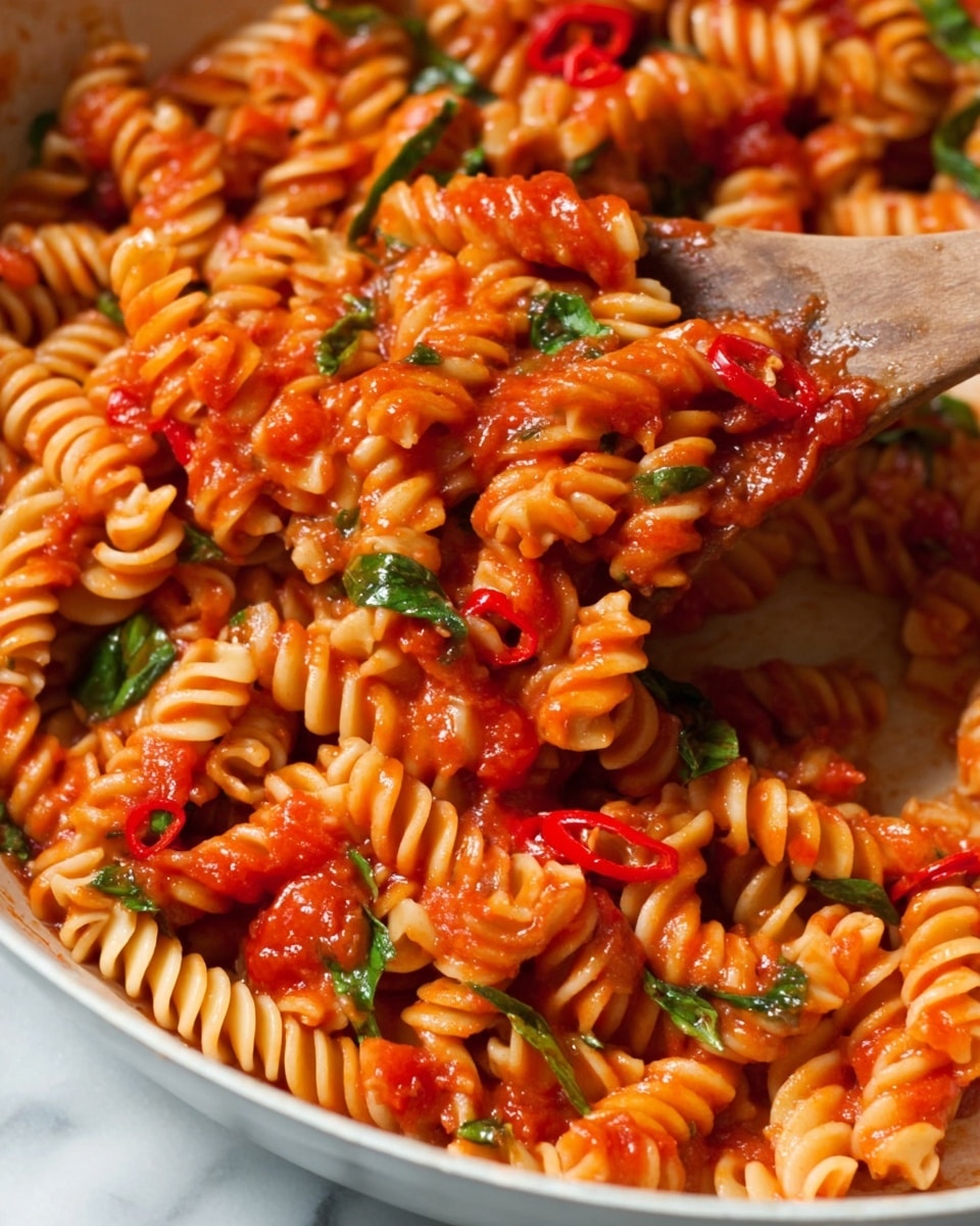 This image shows a close-up of rotini pasta in a white pan, coated with a bright red tomato sauce mixed with fresh green basil leaves. The pasta spirals are covered evenly with the sauce, which looks thick and chunky with pieces of tomato visible. There are thin slices of red chili peppers scattered among the pasta, adding color contrast. A wooden spoon is scooping up some of the pasta from the pan, lifting the sauce-coated noodles with bits of basil and chili. The background is a white marbled texture. photo taken with an iphone --ar 4:5 --v 7