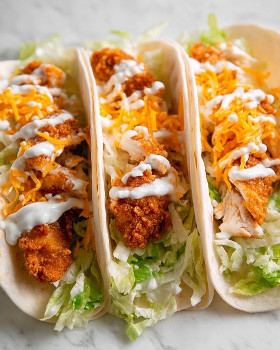 Three soft white tortillas laid side by side on a white marbled surface, each filled with a layer of shredded green lettuce at the bottom, topped with crispy, golden-brown fried chicken pieces. Over the chicken is a sprinkling of bright orange shredded cheddar cheese, and a drizzle of white creamy sauce runs across the top of each taco. The front taco shows a piece of chicken with a bite taken out, revealing a white, tender inside. photo taken with an iphone --ar 4:5 --v 7