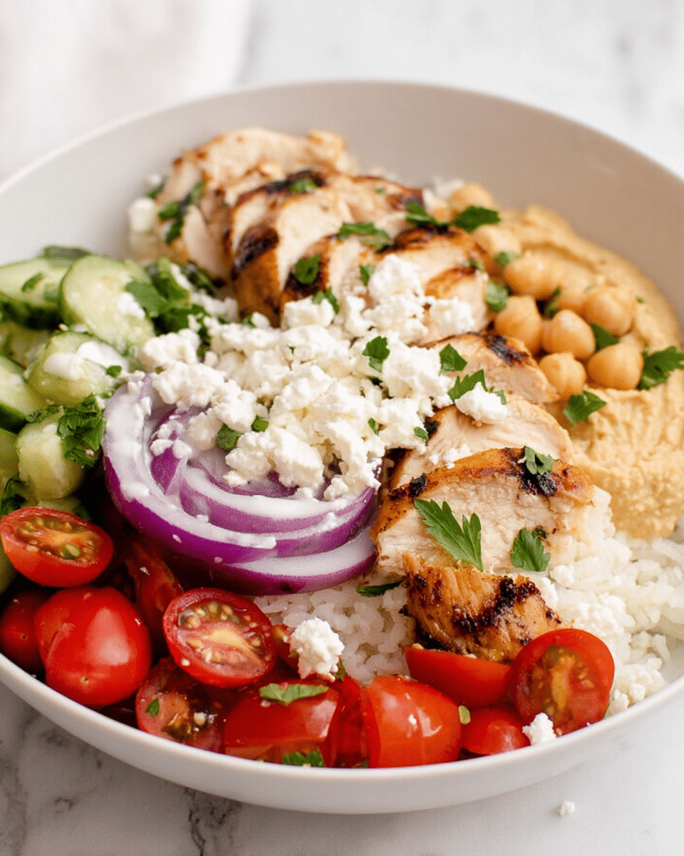 A white bowl filled with several colorful layers starting with a base of white rice, topped with grilled chicken slices showing light brown grill marks. On one side, there are light green cucumber pieces mixed with chickpeas, and next to that, there are bright red halved cherry tomatoes with fresh green parsley leaves scattered around. Thin slices of purple onion are layered between the vegetables and chicken. White crumbled cheese is sprinkled on top, and there are two dollops of creamy sauces, one beige hummus and another white yogurt-based sauce, garnished with parsley leaves. The background is a white marbled texture. photo taken with an iphone --ar 4:5 --v 7