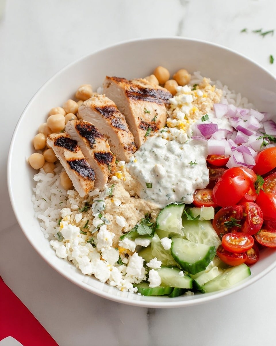 A white curved bowl contains layers starting with a base of white rice spread evenly at the bottom, topped with four slices of grilled chicken breast showing light char marks positioned on one side. On the left side, there are light beige chickpeas beside chopped cucumber pieces in pale green with darker green skin bits. Bright red cherry tomatoes cut in halves and thinly sliced purple onions are placed on the top right. Dollops of white crumbled cheese, a scoop of light tan hummus, and a spoonful of white yogurt sauce with some green herb garnishes are scattered over the dish, adding texture and color contrast. The bowl rests on a white marbled surface. photo taken with an iphone --ar 4:5 --v 7
