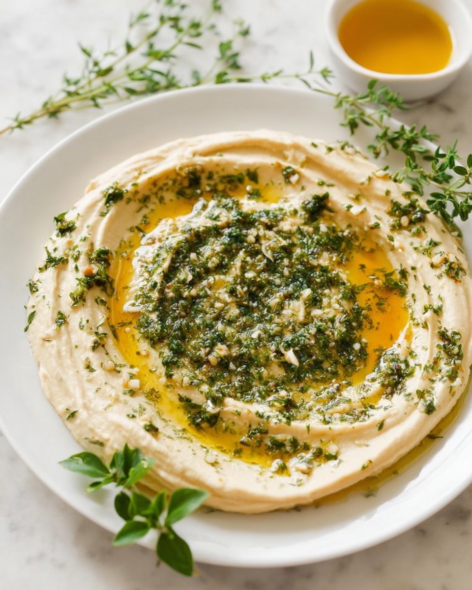 A white plate holds a creamy dish with two visible layers: the base is thick, smooth, light beige hummus spread in a large circular swirl, topped with a center layer of finely chopped green herbs mixed with small bits of garlic and golden olive oil drizzled over it. The textures show the softness of hummus mixed with the grainy, oily herb topping. Fresh green herb sprigs are placed around the plate edges and a small white bowl filled with more golden olive oil is set in the background. The scene sits on a white marbled surface. photo taken with an iphone --ar 4:5 --v 7