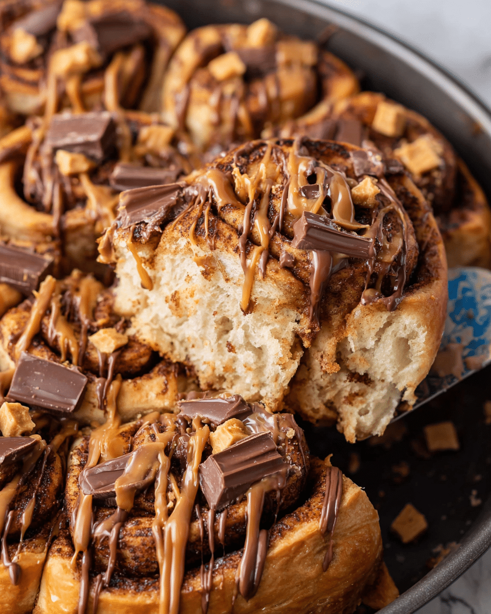 A close-up view of a cinnamon roll with about three visible spiral layers of soft, golden-brown dough, topped with thick swirls of light caramel-colored sauce and darker chocolate drizzle. On top, there are small cubes of chocolate and chunks of a golden, crumbly candy bar scattered unevenly. The cinnamon roll is being lifted by a metal spatula from a dark baking tray, with one piece already removed, showing the soft, fluffy inside texture. The background is a white marbled texture. photo taken with an iphone --ar 4:5 --v 7