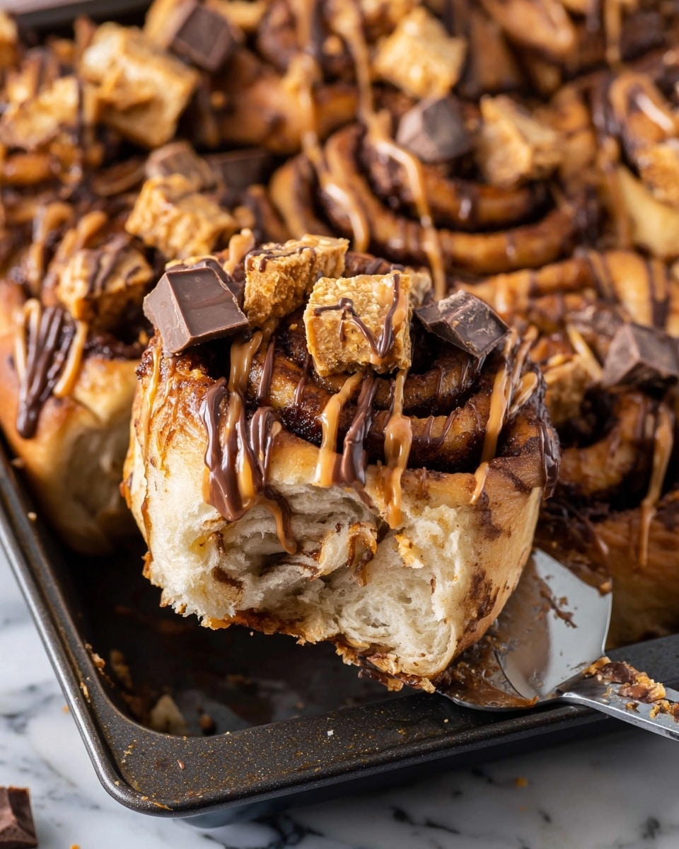 A close-up image of a round cinnamon roll ring with a piece being lifted by a metal spatula, showing soft, fluffy, light tan layers inside. The top of the rolls has a textured golden-brown swirl with visible cinnamon. It is covered with thick drizzles of smooth light brown peanut butter sauce and dark shiny chocolate sauce, along with scattered small square chunks of milk chocolate and peanut butter candy pieces. The cinnamon roll ring rests in a dark baking pan on a white marbled texture background. photo taken with an iphone --ar 4:5 --v 7