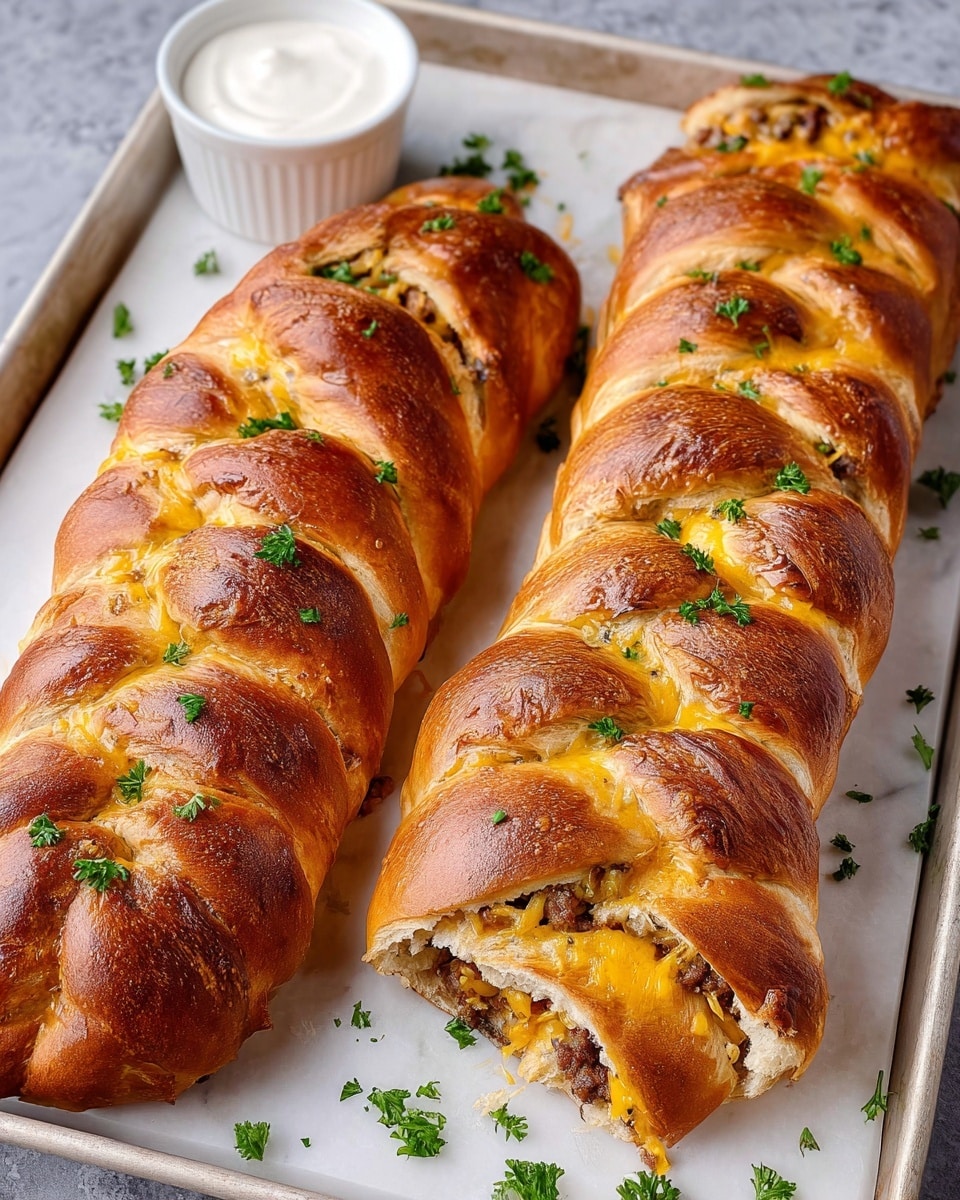 Two long braided breads with a shiny golden-brown crust rest side by side on a white marbled surface covered baking tray, each with deep slits across their tops showing a layered filling inside. The bread's layers show a soft tan color under the darker toasted top crust. One braid reveals a filling with yellow cheese and brown meat, peeking through the braided dough. Small green parsley pieces are sprinkled on top of both breads for decoration. A small white cup with a creamy white dipping sauce sits near the breads on the tray. Photo taken with an iphone --ar 4:5 --v 7