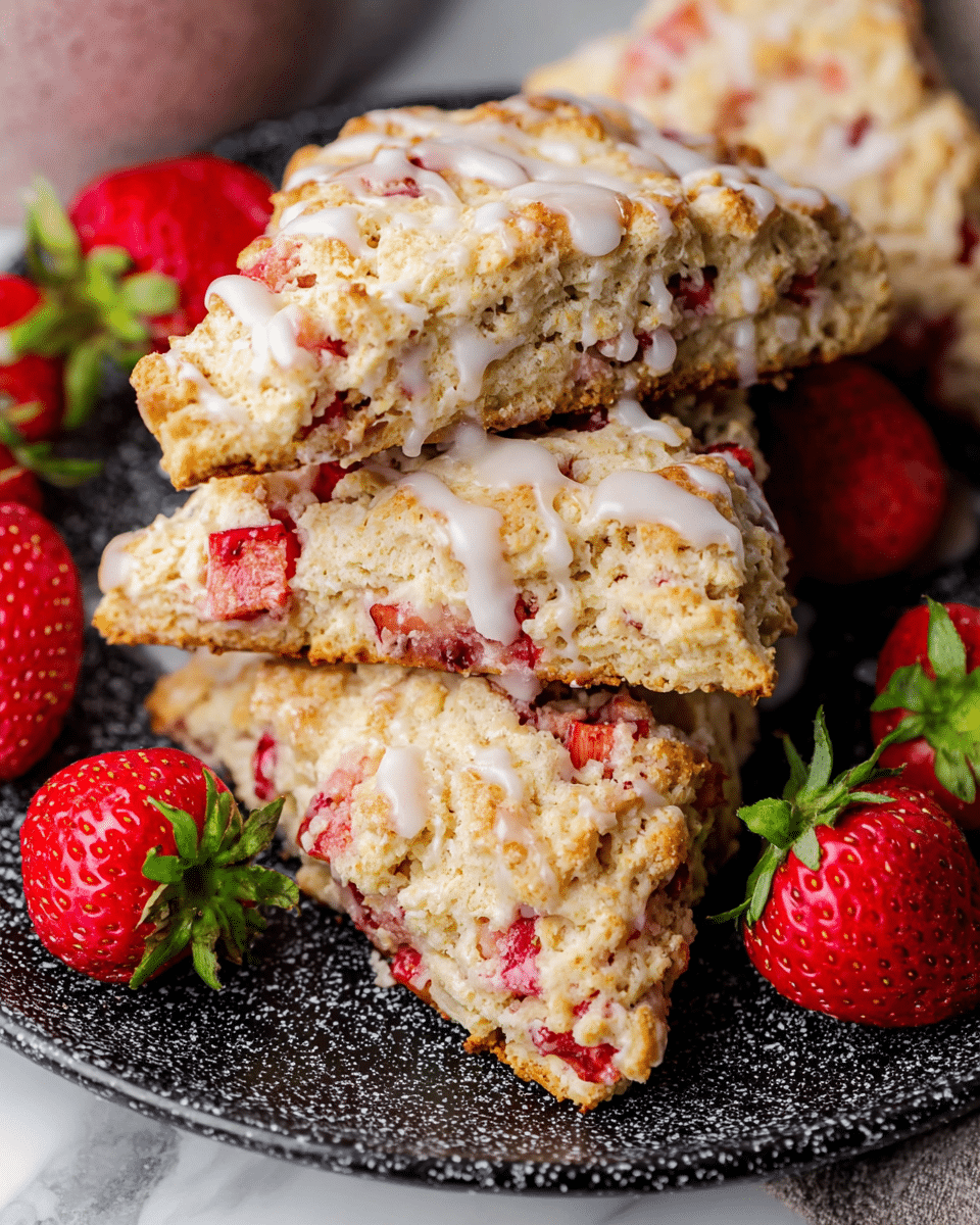 The image shows crumbly strawberry scones stacked on a speckled black plate. Each scone has a rough, uneven texture with visible chunks of red strawberries embedded inside. The scones are topped with a light drizzle of white glaze, adding a slight shine. Around the scones, there are several whole red strawberries with green leaves still attached, adding a fresh feel to the presentation. The scene is set on a soft, white marbled surface. photo taken with an iphone --ar 4:5 --v 7
