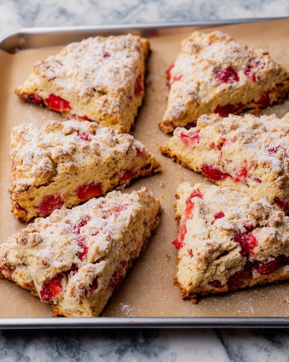 The image shows six triangular scones on a baking tray lined with light brown parchment paper. Each scone has a golden-brown base with visible pieces of red strawberry throughout the dough. The top layer of the scones is crumbly and dusted with a white powdered sugar, giving a rough texture. The scones are thick, showing a mix of soft and crumbly layers that highlight the fresh fruit inside. The baking tray has a metallic silver edge and the background is a white marbled texture. photo taken with an iphone --ar 4:5 --v 7