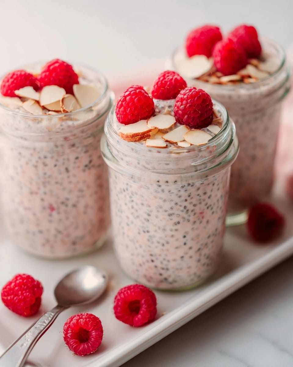 Three small clear glass jars sit in a row on a long white plate placed on a white marbled surface. Each jar is filled with a creamy, pale pink chia pudding speckled with tiny black chia seeds. The texture looks soft and thick. The front jar is topped with a spoon holding a scoop of pudding mixed with thin almond slices and a single bright red raspberry. The other two jars each have several fresh raspberries resting on top, adding a rich pop of red color. A few loose raspberries are scattered around the plate, enhancing the fresh and inviting look. photo taken with an iphone --ar 4:5 --v 7