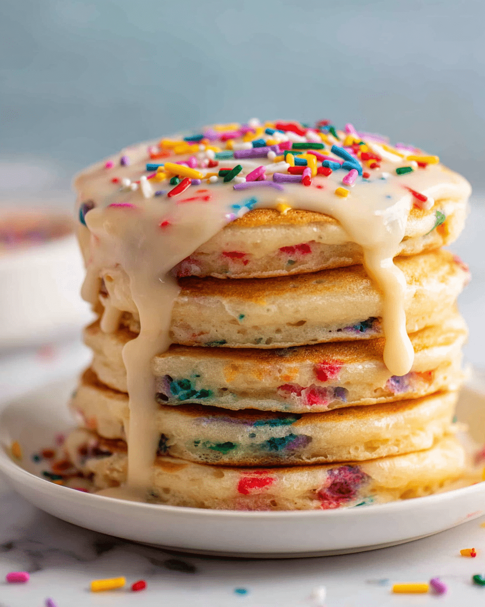 A stack of five thick, fluffy pancakes with colorful sprinkles mixed inside each pancake, showing red, blue, yellow, green, and purple spots throughout. The top pancake is covered with light beige creamy icing that slowly drips down the sides in uneven streams, with extra multicolored sprinkles scattered on top and around the white plate. The whole stack sits on a white marbled surface with a soft blurry blue background visible behind. photo taken with an iphone --ar 4:5 --v 7