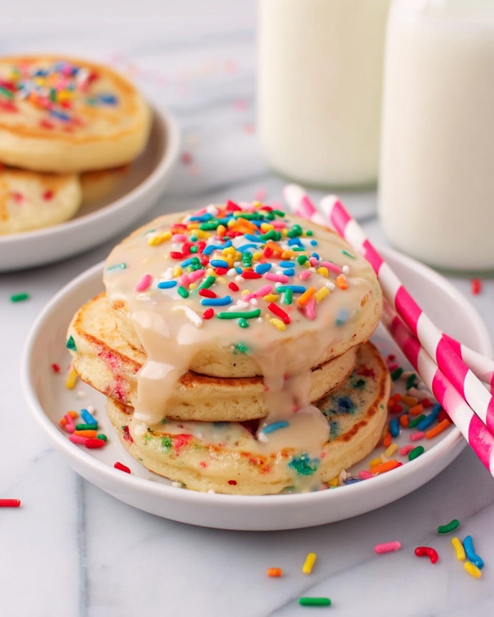 A white plate holds three small round pancakes stacked slightly unevenly. The pancakes are light golden brown with colorful red, blue, green, and purple sprinkles baked inside. The top pancake is covered with a smooth, light beige glaze that drips down the sides, topped with bright, multicolored sprinkles scattered across the glaze. The plate rests on a white marbled surface with two glass bottles of milk visible in the background and pink and white striped paper straws placed nearby. photo taken with an iphone --ar 4:5 --v 7