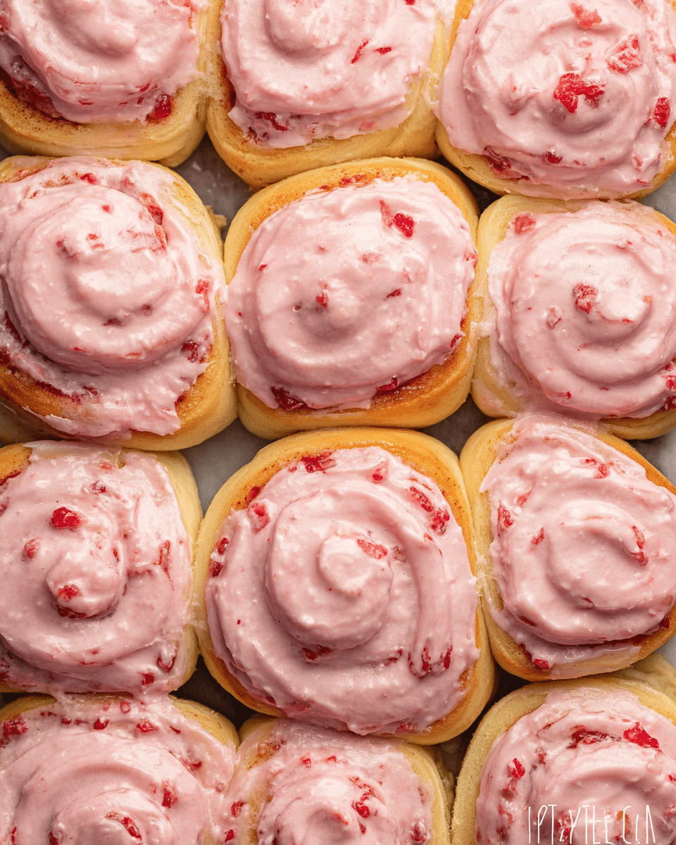 A close-up top view of twelve soft, round cinnamon rolls arranged tightly together, each roll swirled with light golden dough and topped with a thick layer of creamy pink icing that has small red fruit pieces mixed in, giving it a slightly chunky texture. The rolls have a light fluffy look with some golden-brown edges visible beneath the pink icing. The background is a white marbled surface. photo taken with an iphone --ar 4:5 --v 7