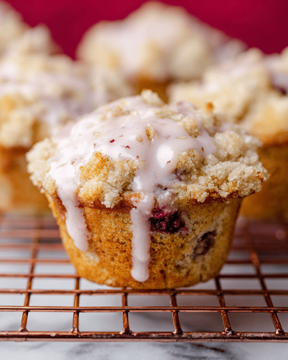 A close-up of a single muffin resting on a copper wire cooling rack set on a white marbled surface. The muffin has a golden brown base with visible dark fruit pieces inside and a thick crumbly streusel topping in light beige. On top, a pale pink glaze with small darker pink fruit bits drips over the streusel and down the side, adding a glossy texture. Other muffins with similar glaze can be seen blurred in the background. photo taken with an iphone --ar 4:5 --v 7
