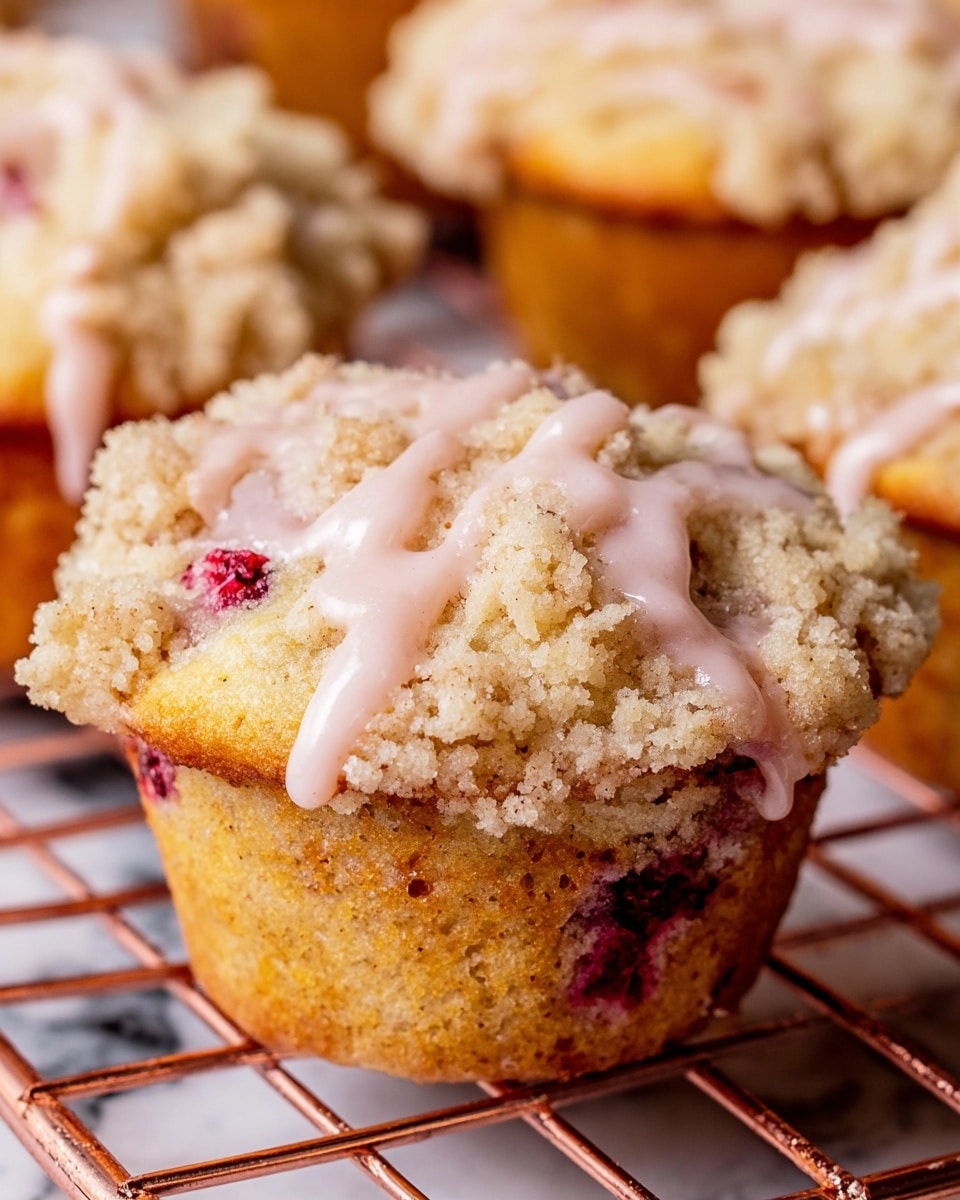 A close-up view of a single muffin with three layers: a golden brown base speckled with dark red berry bits, a thick crumbly light beige streusel layer on top, and a smooth, pale pink glaze drizzled unevenly over the crumb layer, showing small red flecks inside it. The muffin is placed on a copper-colored wire cooling rack with other similar muffins in the background. The background has a white marbled texture visible around the edges of the rack. photo taken with an iphone --ar 4:5 --v 7