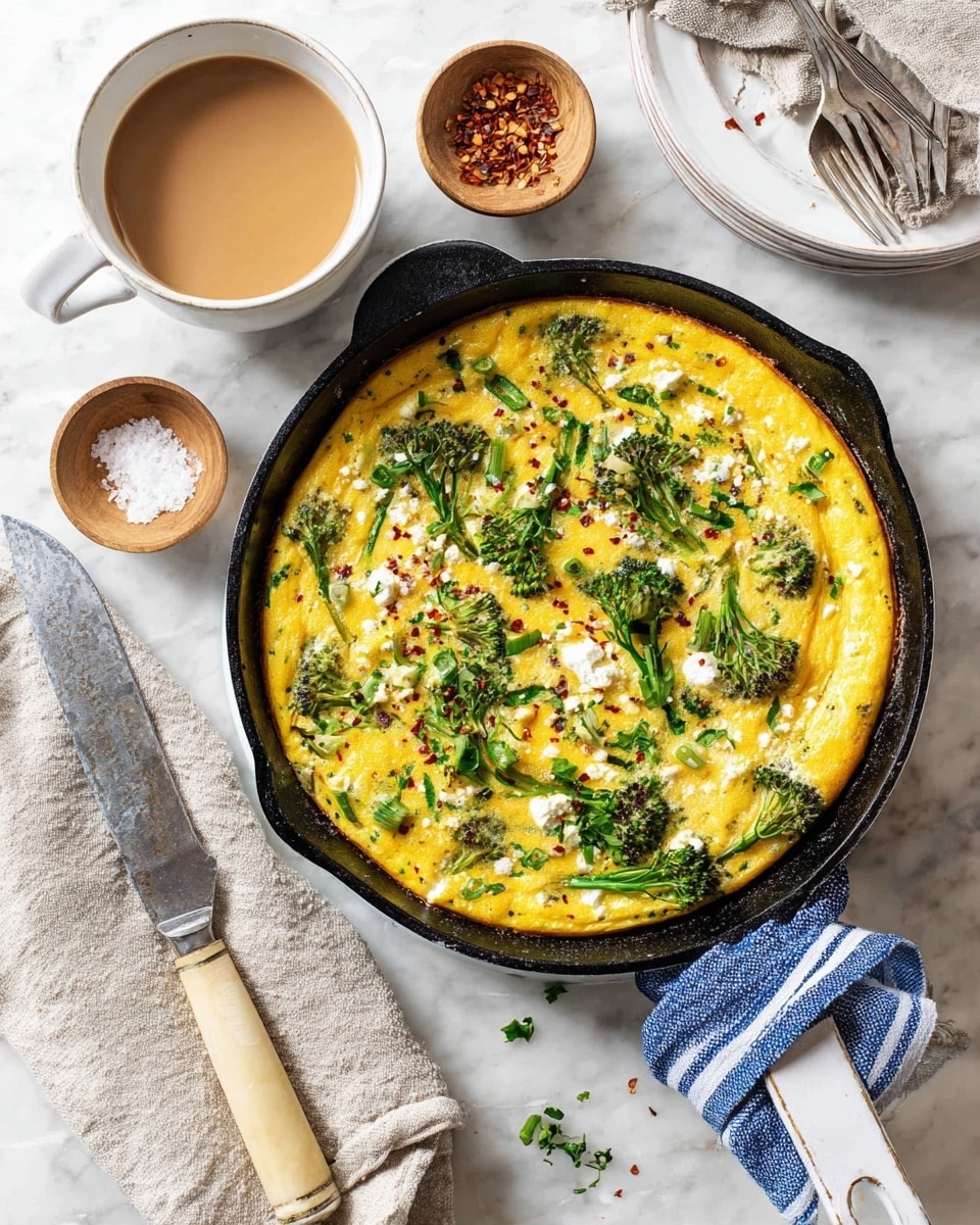 A bright yellow frittata sits in a dark skillet on a blue and white striped cloth on a white marbled surface. The frittata has visible green broccoli florets and chopped herbs scattered throughout, with small white chunks of cheese embedded in the top layer. The edges of the frittata are slightly browned, giving a light crisp texture. Around the skillet, there is a stack of white plates with gray and white napkins on top and silver forks resting on them, a cup of espresso with a spoon inside, a small wooden bowl with coarse salt, a small white bowl containing red chili flakes, and a beige cup filled with frothy coffee and a silver spoon. A small knife with a light wooden handle lies nearby. photo taken with an iphone --ar 4:5 --v 7