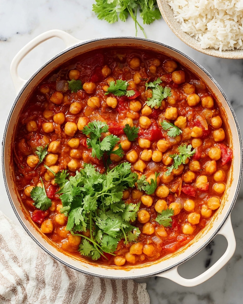 A white pot filled with a thick chickpea stew that has a tomato-based sauce, showing visible chunks of red tomatoes and small pieces of onion, with the chickpeas appearing soft and plump in a warm orange-red sauce. Fresh green cilantro leaves are spread on top as garnish. The pot is placed on a white marbled surface, with a white and beige striped cloth partially visible under the pot handle on the left side. In the top right corner, a white bowl with steamed white rice is partially visible on the same white marbled texture. Photo taken with an iphone --ar 4:5 --v 7