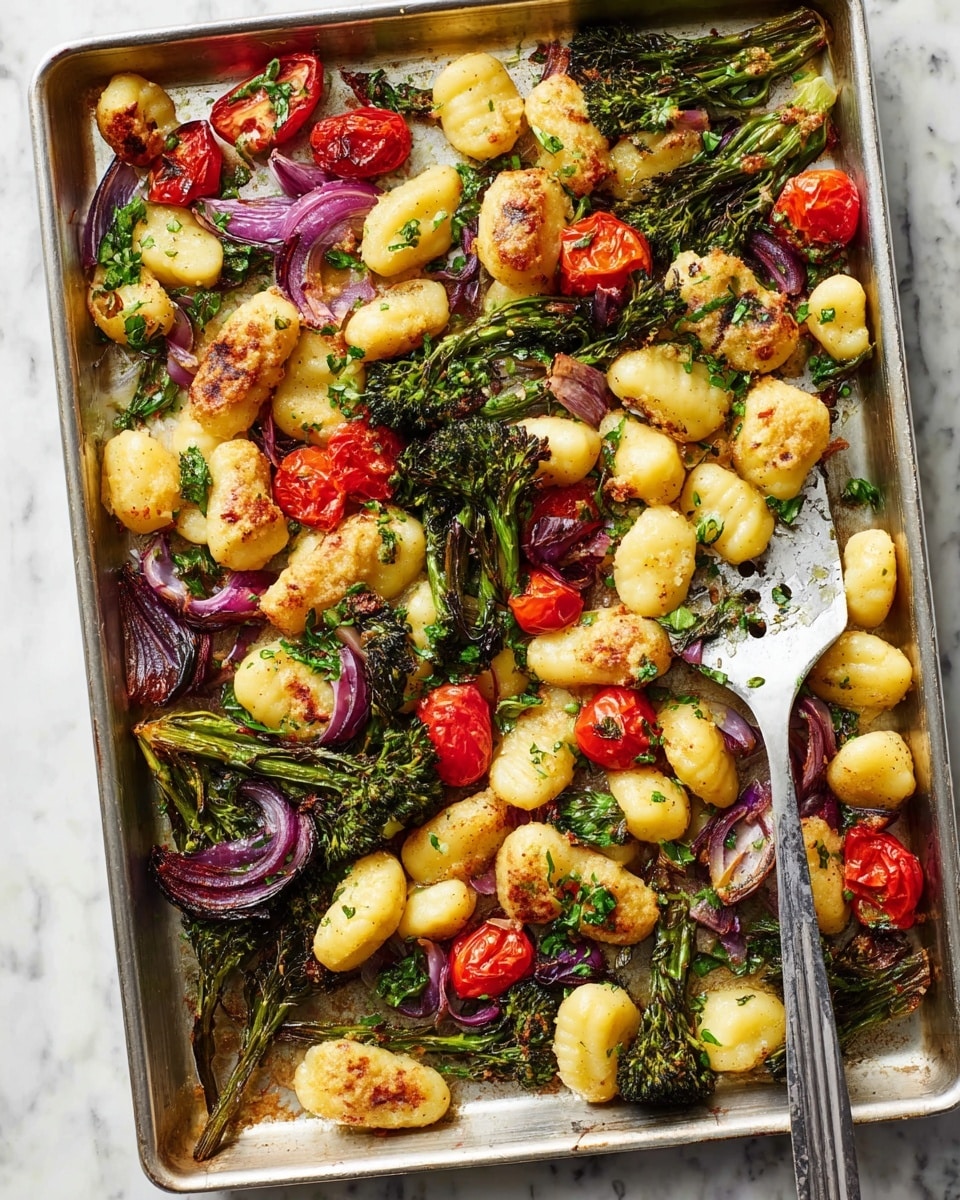 A metal baking tray is filled with roasted gnocchi, pieces of lightly charred, golden cheese, small roasted red cherry tomatoes, green broccolini with slight browning, and slices of cooked purple onion, all scattered evenly. The gnocchi are plump and pale yellow with a soft texture, the cheese chunks are creamy and slightly browned on edges, the cherry tomatoes are wrinkled and bright red, and the broccolini stems are green with some crispy tips. Fresh chopped green herbs are sprinkled on top. A silver spatula with some of the roast mix rests on the tray. The tray is set on a white marbled surface. photo taken with an iphone --ar 4:5 --v 7