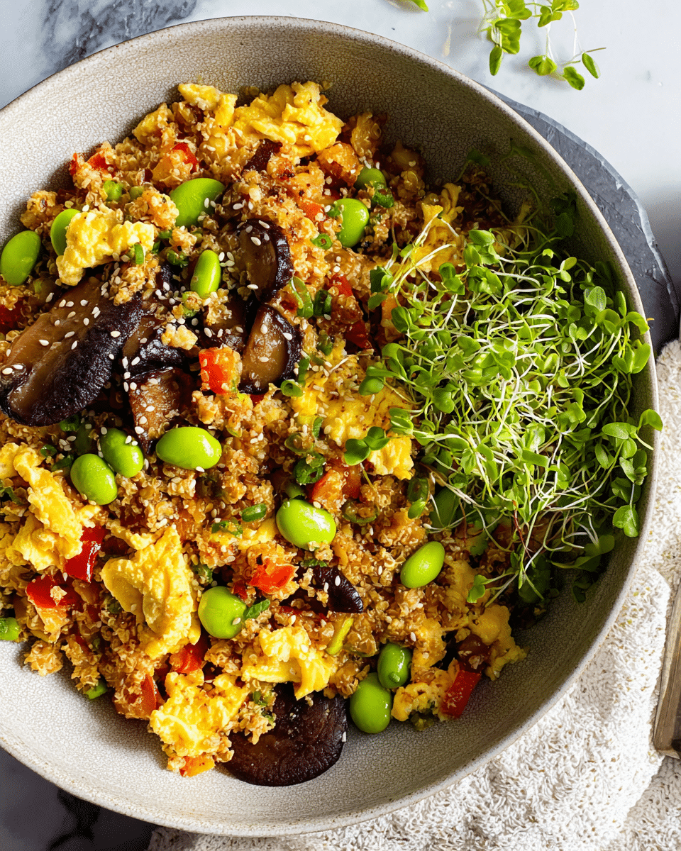 A black bowl sits on a white marbled surface filled with a dish that has three main layers: the bottom layer is a colorful mix of brown fried rice with visible pieces of red bell pepper, green edamame, and yellow scrambled egg mixed throughout; on top of this is a small bunch of bright green microgreens placed to one side; the top layer is a perfectly cooked sunny-side-up egg with a bright orange yolk and sprinkling of black pepper and white sesame seeds; a pair of black chopsticks rest on the edge of the bowl. photo taken with an iphone --ar 4:5 --v 7