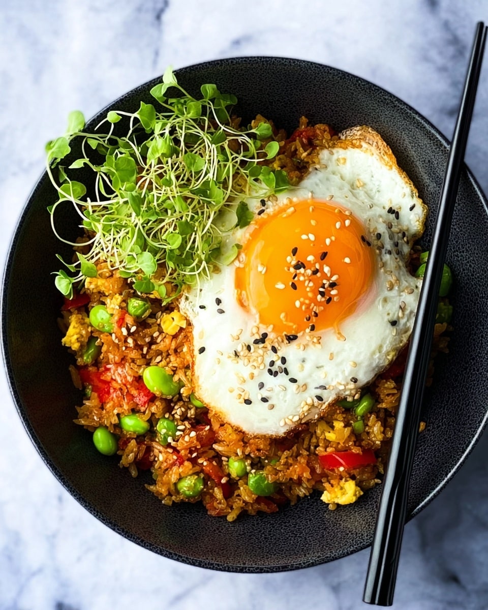 The dish is served in a deep white bowl filled with multiple layers of mixed ingredients. The base layer shows a grainy texture of light brown cooked grains mixed with small pieces of red, orange, and yellow vegetables. Scattered bright green edamame beans are placed throughout the dish. There are chunks of dark brown mushrooms and scrambled egg pieces with a soft yellow color. On one side of the bowl, there is a small pile of fresh green sprouts adding a fresh touch. The food looks slightly glossy, with some white sesame seeds sprinkled over for texture. The bowl sits on a white marbled surface with a textured white cloth nearby. photo taken with an iphone --ar 4:5 --v 7