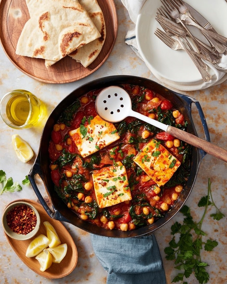 A close-up of a black pan filled with a vibrant stew. The base layer is a rich red tomato sauce scattered with light beige chickpeas and dark green spinach leaves, mixed evenly throughout. On top, three long, rectangular white grilled cheese slices with light brown grill marks lie across the stew. Fresh bright green parsley leaves are spread over the cheese, adding a fresh contrast. A white slotted spoon rests inside the pan on the right side, partially submerged in the stew. The pan sits on a white marbled surface with a white cloth underneath, and a wooden plate with round beige flatbreads is visible in the top left corner. Photo taken with an iphone --ar 4:5 --v 7