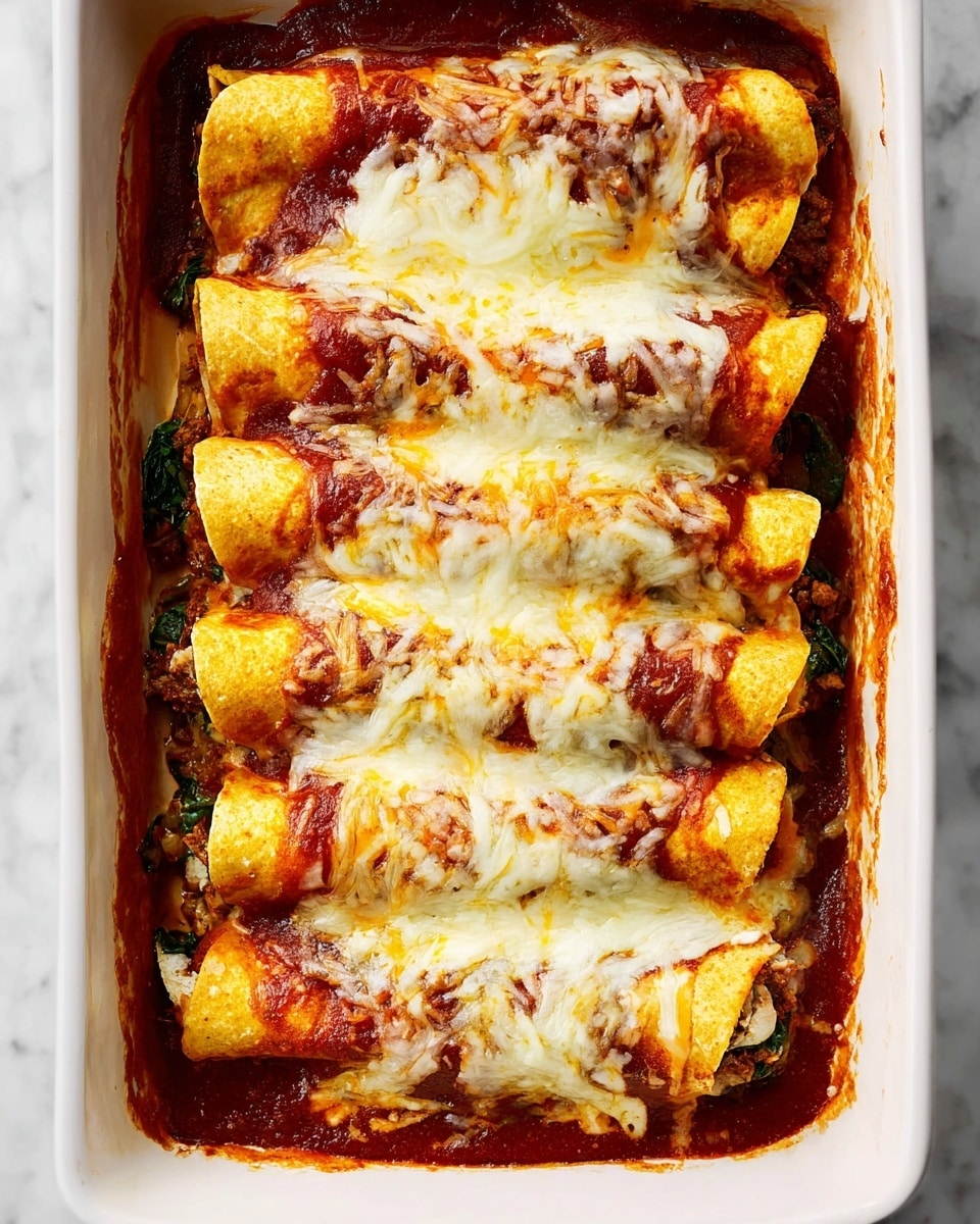 A white rectangular dish holds six rolled enchiladas placed side by side in two rows of three. Each enchilada is covered with a layer of rich red sauce and topped with a thick layer of melted cheese that is a mix of white and yellow, some parts bubbly and slightly browned. The edges of the soft corn tortillas peek out from under the sauce and cheese, showing a golden yellow color and slightly rough texture. The sauce seeps slightly into the sides of the dish, blending with some spinach or greens at the bottom edges. The dish is set against a white marbled background. photo taken with an iphone --ar 4:5 --v 7