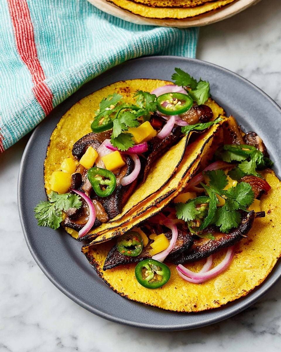 Two gray plates on a white marbled surface each hold two yellow corn tortillas, slightly charred with rough edges. On the top plate, one tortilla is topped with dark brown grilled mushroom slices, bright yellow mango chunks, thin purple onion slices, green jalapeño pieces, and fresh green cilantro leaves, layered in a scattered way. The second tortilla on this plate is partly folded under the first. On the bottom plate, similar toppings are arrangement, with the grilled mushroom slices, diced avocado, mango, jalapeño, and onion placed mainly in the center of the top tortilla. Around the plates are a glass jar of pink pickled onions with a fork inside, a bowl of lime wedges, two glasses of light frothy beer, and a folded blue napkin with an orange edge. photo taken with an iphone --ar 4:5 --v 7