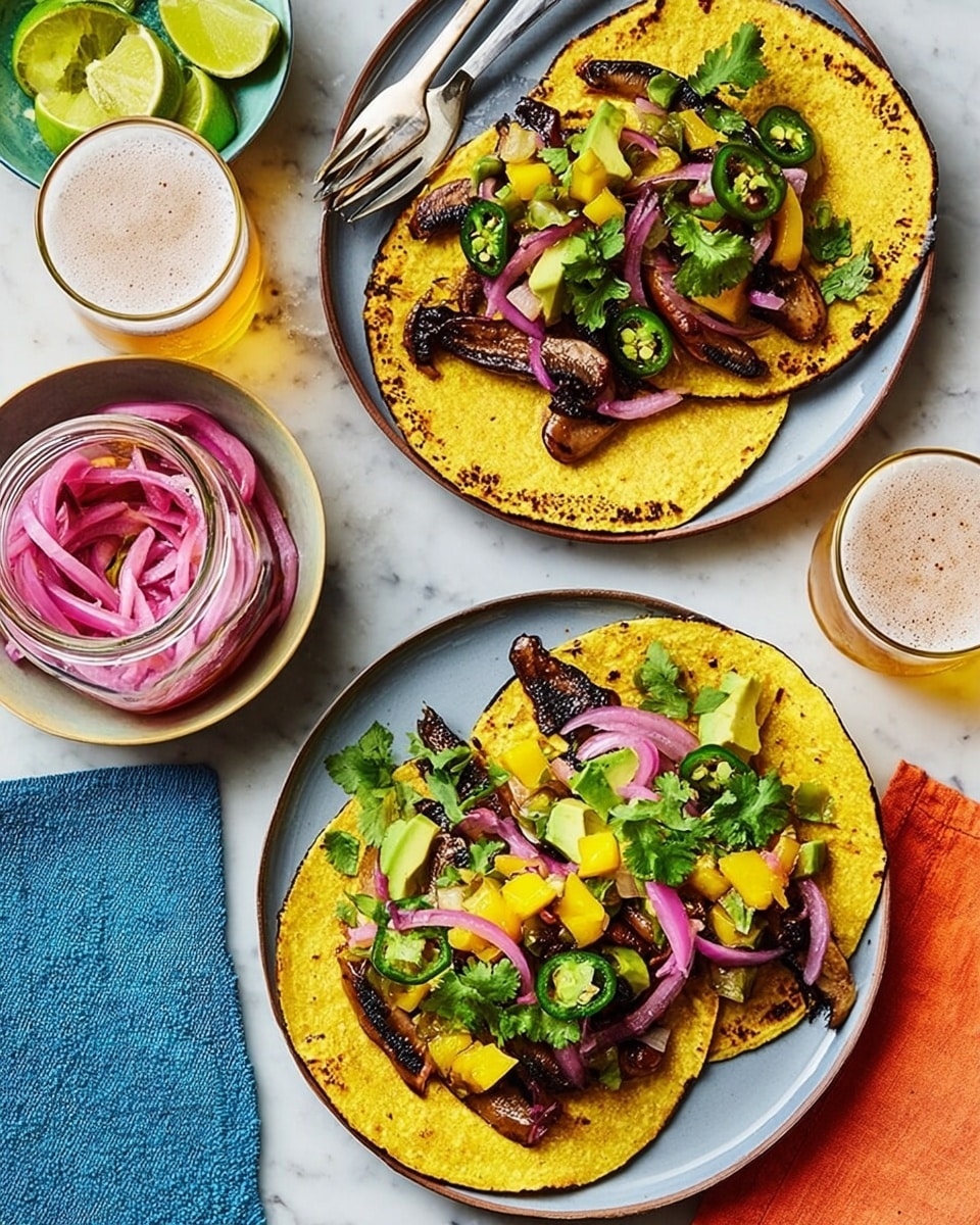 Two yellow corn tortillas with slightly charred edges are placed on a dark gray plate on a white marbled surface. Each tortilla holds grilled dark brown and glossy mushroom slices, topped with small bright yellow mango cubes, thin slices of purple-red onion, fresh green cilantro leaves, and rings of fresh green jalapeño. The tortillas are folded halfway, creating a visible layer of filling inside. In the background, there is a stack of more yellow tortillas partially covered with a light blue striped cloth with a red border. Photo taken with an iphone --ar 4:5 --v 7