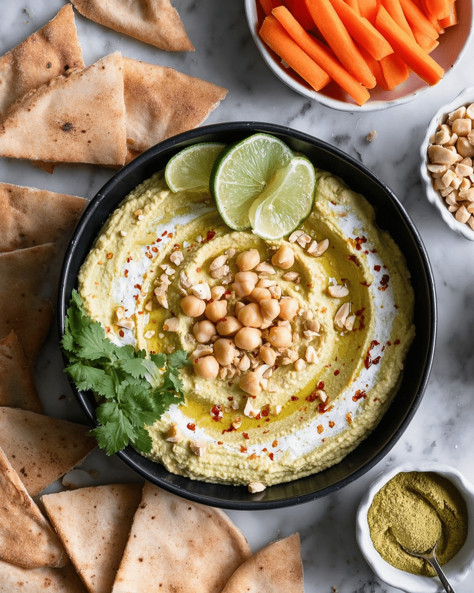 The dish is a bowl of creamy hummus with a smooth texture and pale yellow-green color, spread evenly in a black bowl. The hummus is topped with a swirl of white sauce, whole chickpeas placed in the center, small chopped nuts scattered across, a drizzle of golden olive oil, and a sprinkle of red chili flakes. On one side of the bowl, there are two thin lime slices and a sprig of fresh green cilantro. Surrounding the bowl on the white marbled surface are triangular pieces of pita bread, stacked neatly, with a soft beige color and slightly rough texture. In the background, a white bowl holds bright orange carrot sticks, and another small cup contains a greenish-yellow powder with a spoon inside. Photo taken with an iphone --ar 4:5 --v 7
