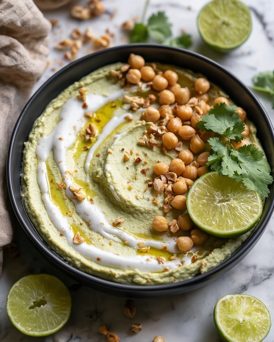 A black bowl contains a creamy green hummus spread smoothly in one layer, topped with a swirl of white sauce and a drizzle of golden olive oil. On one side, a cluster of whole beige chickpeas and small pieces of chopped nuts add texture, while two thin slices of bright green lime rest beside fresh cilantro leaves, adding vibrant color. The bowl sits on a white marbled surface with some scattered nuts and chickpeas around it, and a beige cloth is blurred in the background. Photo taken with an iphone --ar 4:5 --v 7